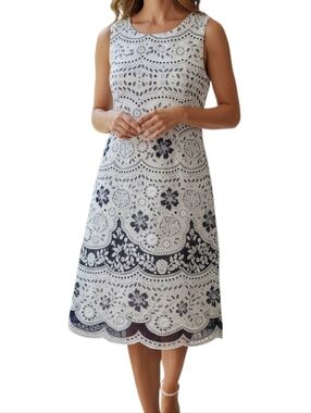 Eliza J Floral Lace Sleeveless Dress In Navy And White Size 8 NWT'S